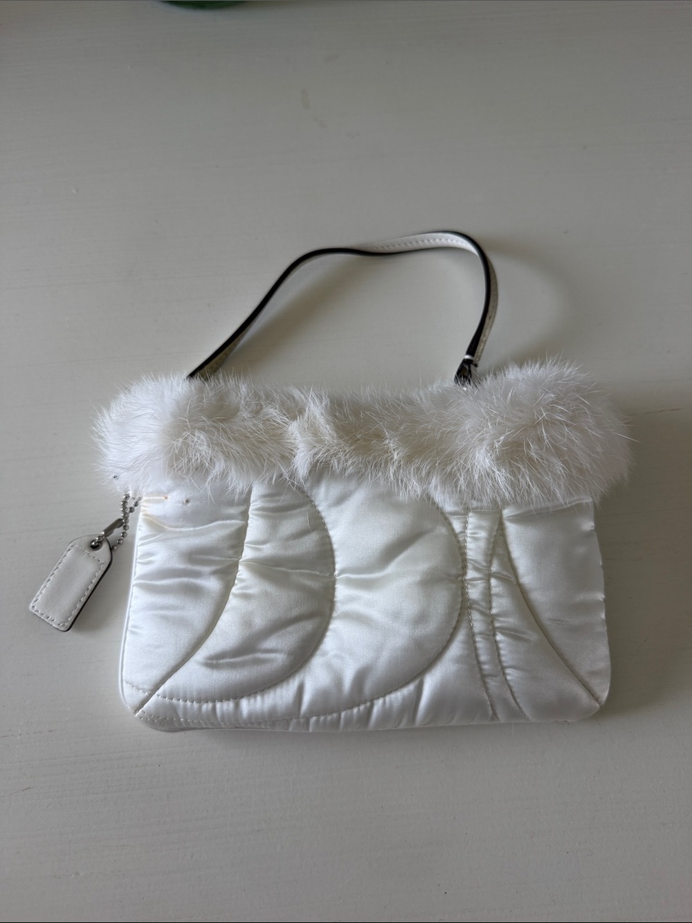 Coach White Satin Clutch with Faux Fur Trim